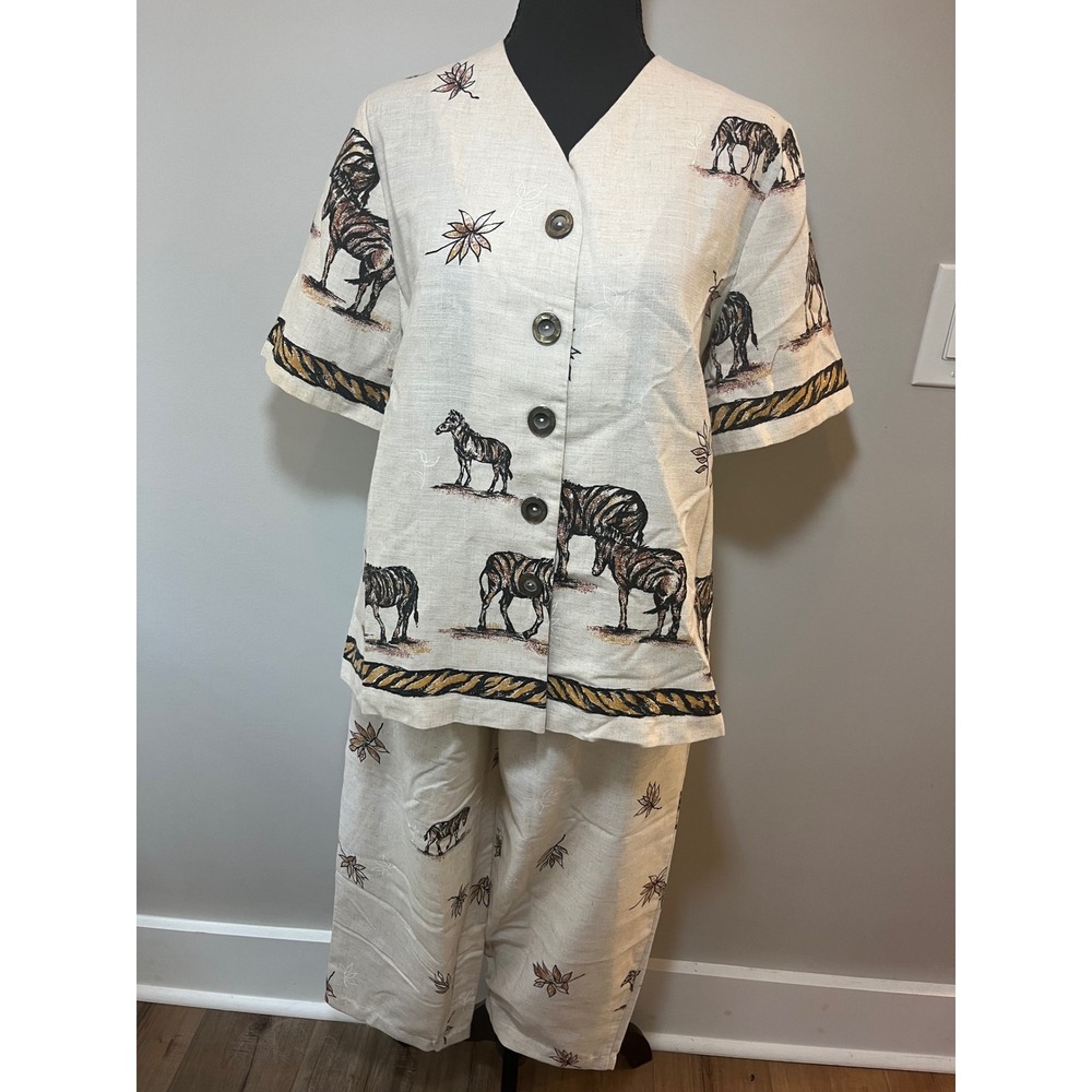 Handmade Zebra Safari Print Linen Blend 2 Piece Set Button Top Wide Leg‎ Pants